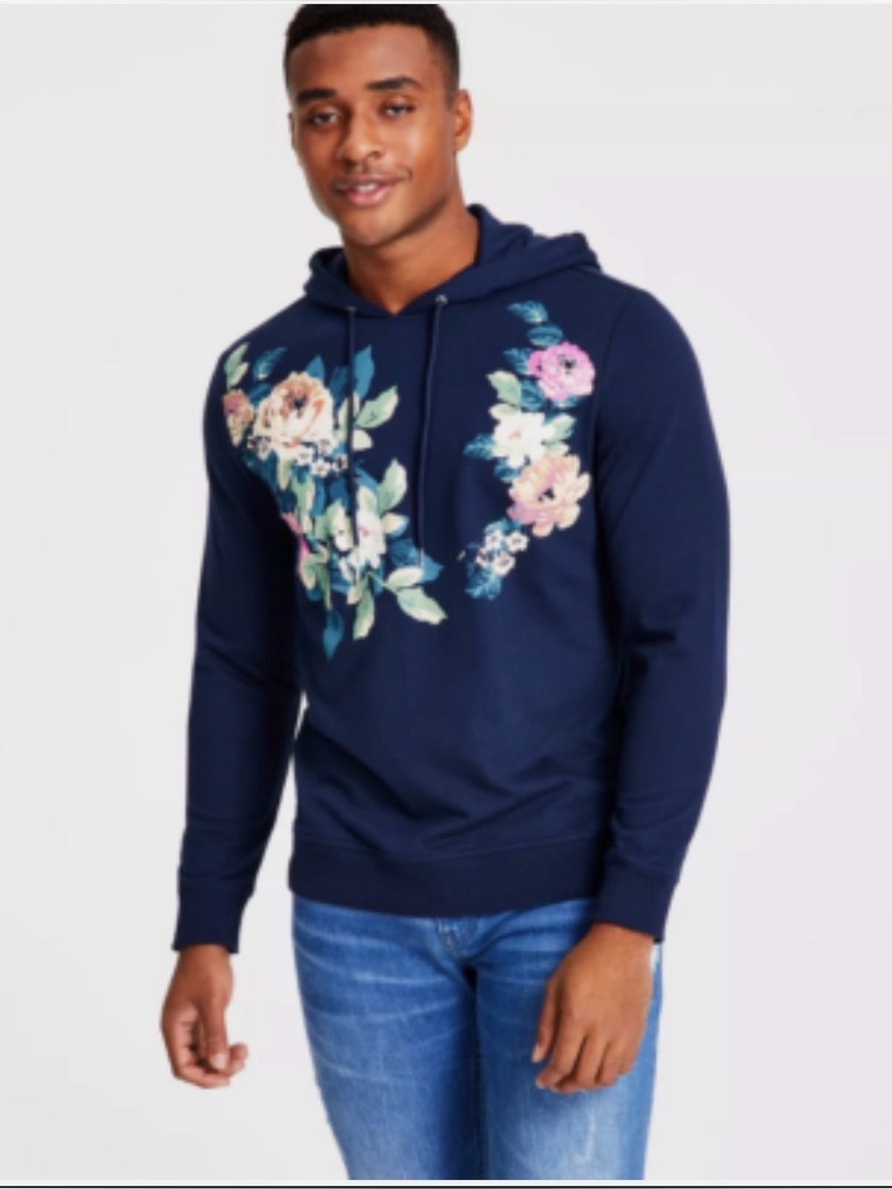 INC Andres Men's Navy Floral Hoodie Sweatshirt